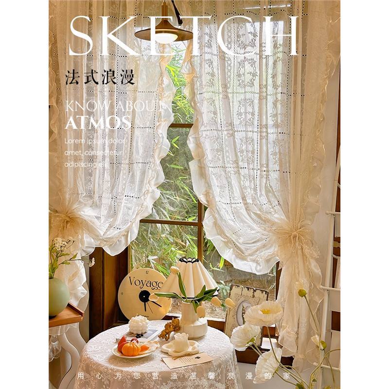 Embossed Garden French Romantic Aesthetic Embroidered Sheer Curtain Vintage Curtain Champagne Color Lace Partition Bedroom Half Curtain