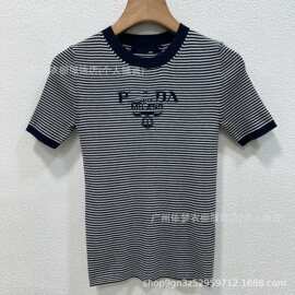 南油高定P家26早春新款字母提花圆领撞色条纹修身百搭短袖上衣女
