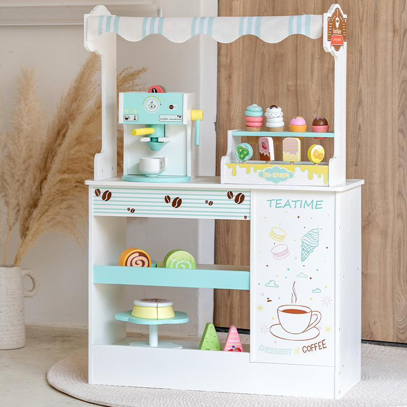 어린이 놀이 집 나무 시뮬레이션 커피 머신 아이스크림 디저트 가판대 소년과 소녀 선물 유치원 놀이터
