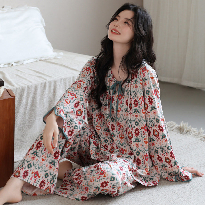 Women's spring and autumn pajamas with built-in chest pads, made of pure cotton, thin and lightweight, long-sleeved, 2026 new style, designed for mothers, with a sophisticated and elegant look, suitable for wearing at home Women's spring and autumn pajamas with built-in chest pads, made of pure cotton, thin and lightweight, long-sleeved, 2026 new style, designed for mothers, with a sophisticated and elegant look, suitable for wearing at home