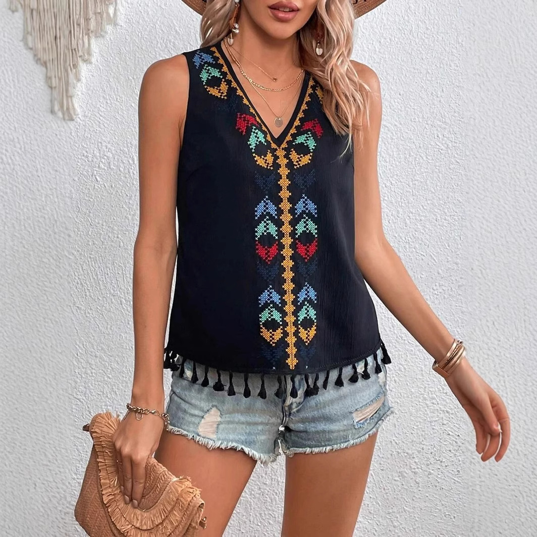 Top de Verano 2025 para Mujer, Estilo Étnico, Cuello en V, Bordado, con Parches y Flecos, para Venta Transfronteriza en Amazon Europeo y Americano