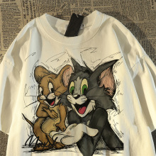 大码复古oversize可爱汤姆猫短袖t恤女男夏潮牌新款休闲情侣上衣