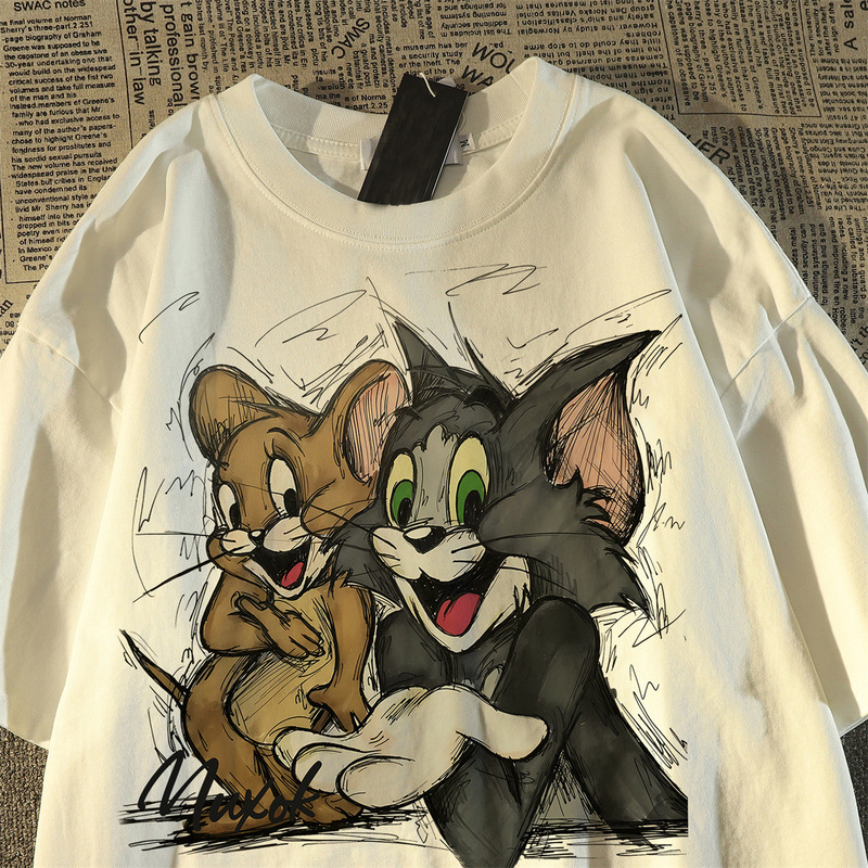 Plus Size Retro Oversize Cute Tom Cat Short-Sleeved T-Shirt for Women and Men Summer Fashion Brand New Casual Couple Tops