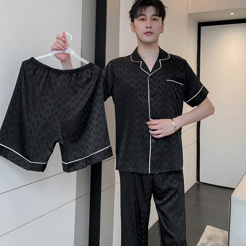 Daisian Clothing Ice Silk Pajamas for Men, Summer Short-Sleeve Long-Pants Thin Korean Style High-End Light Luxury Silk Three-Piece Set