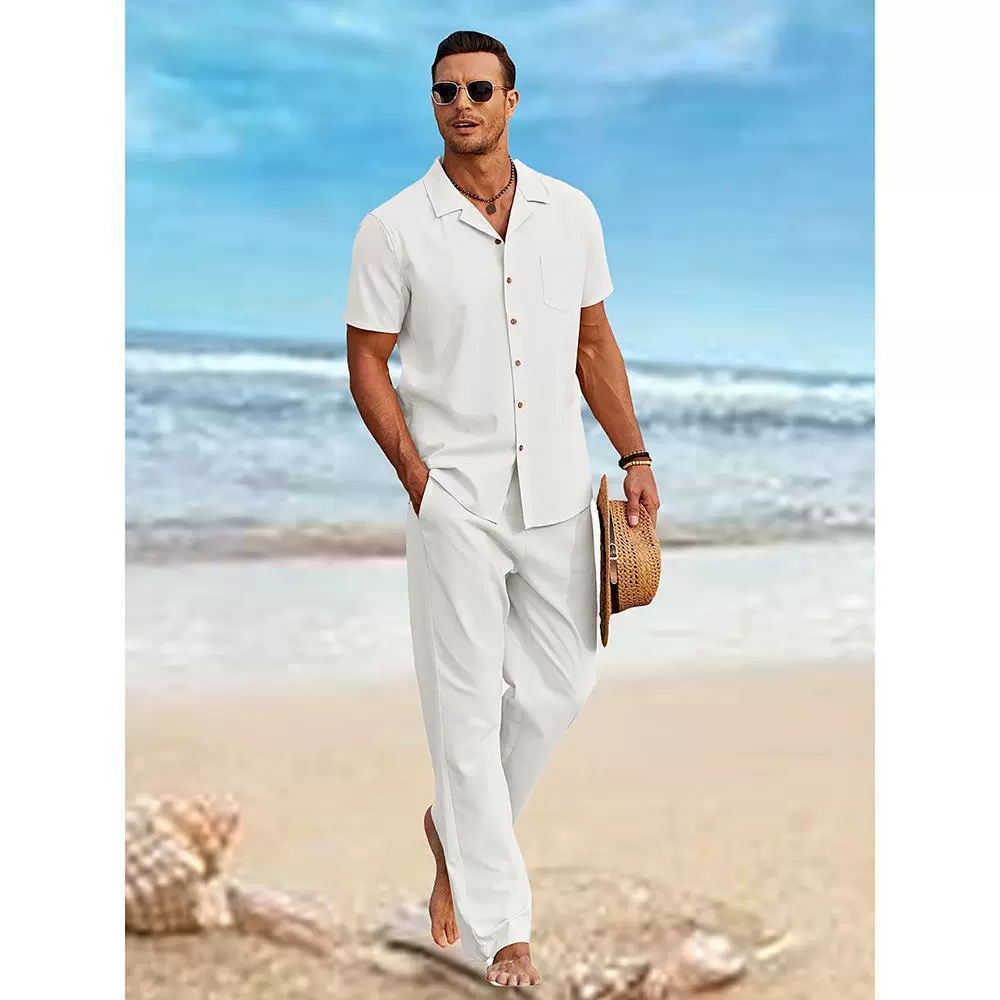 2026年跨境新款时尚潮流套装男士欧美休闲短袖衬衫休闲长裤两件套