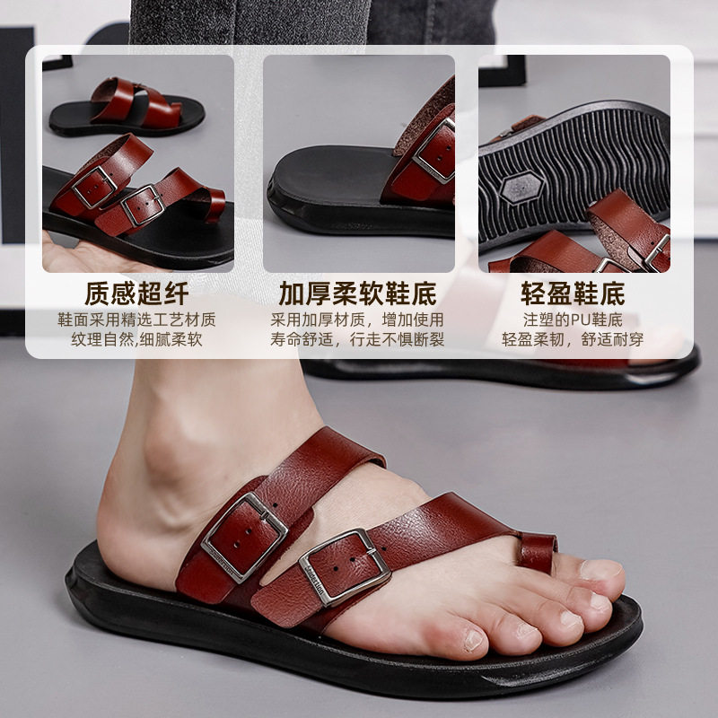 Dép xỏ ngón nam cỡ lớn đi ngoài trời, da PU chống trượt chống mài mòn — Màu đỏ rượu, màu đen