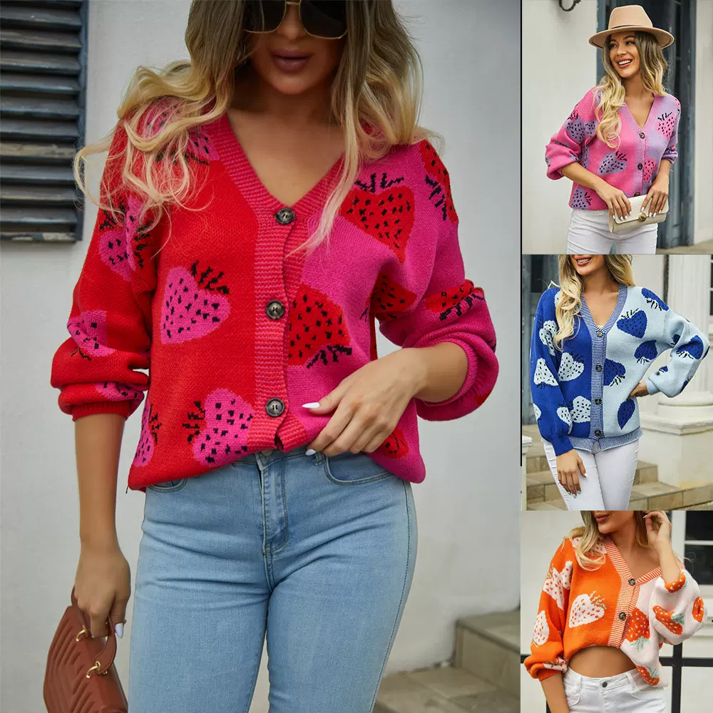 2023春装新款欧美外贸跨境亚马逊毛衣V领纽扣开衫草莓外套毛衣女