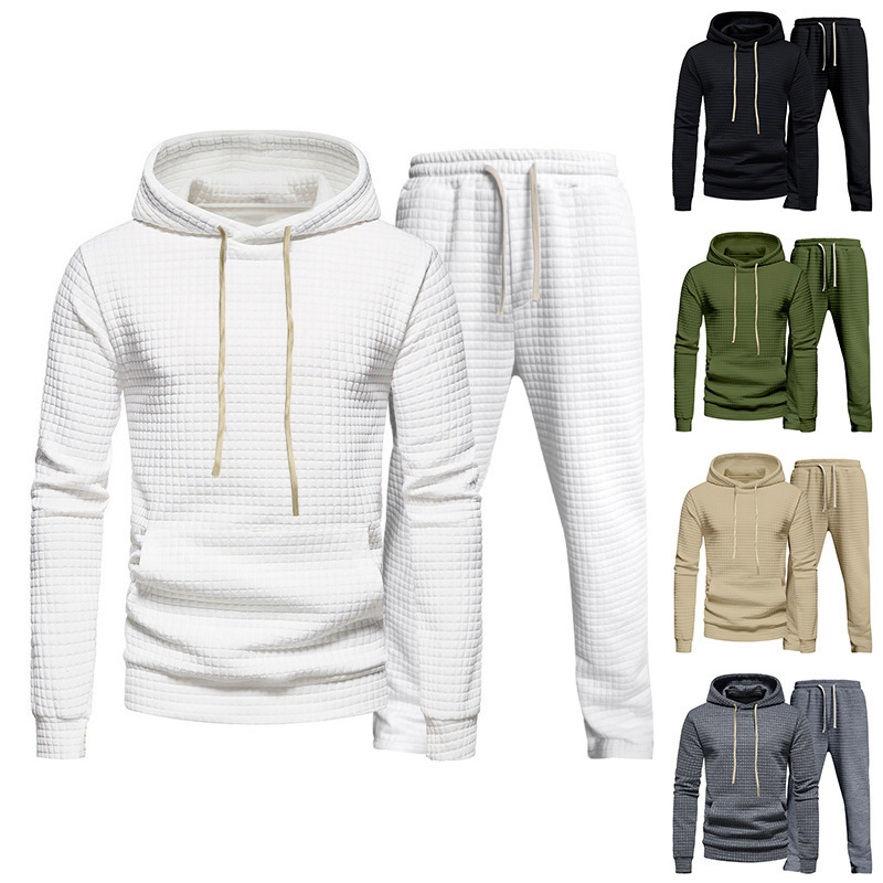 2023 cross-border Amazon autumn men's Jacquard small plaid hooded sweater trousers casual Sports men's suit