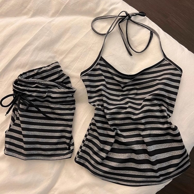 纯欲条纹系带挂脖小吊带睡衣女夏季辣妹带胸垫美背短裤家居服套装|undefined