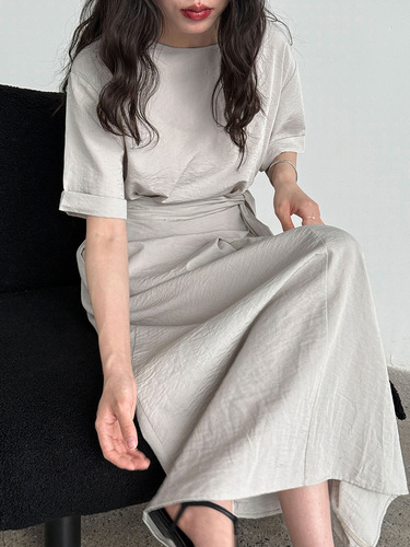 Luxi niche design cross-strap short-sleeved dress spring and summer new style waist waist slimming A-line long dress 3588