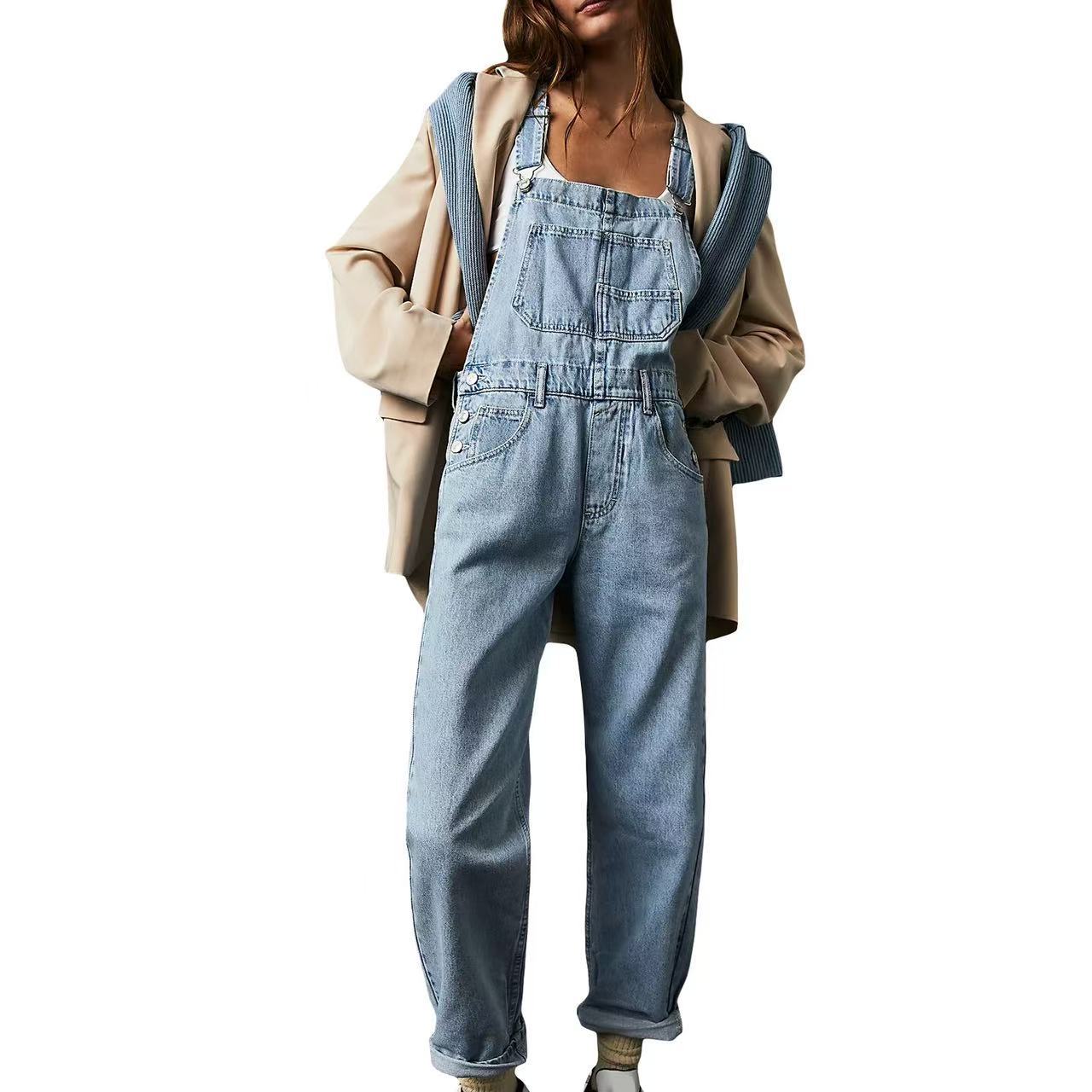 Women's Clothing Casual Denim Overalls – Effortless Americana Style Loose Fit Washed Jeans Jumpsuit_mkmklike.com