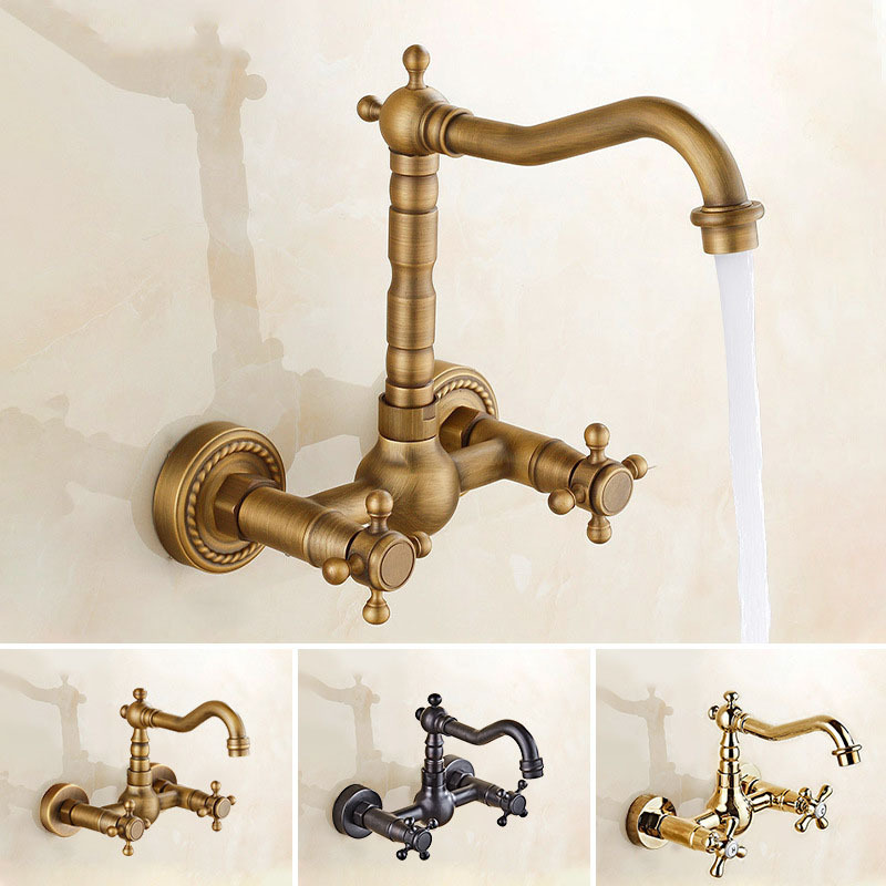 Antique all-copper wall-in type hot and cold basin faucet wall-mounted household double-handle balcony washbasin faucet