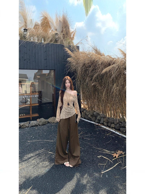 韩系辣妹斜肩不规则长袖针织衫抽绳休闲裤女2025秋季新款时尚套装|undefined