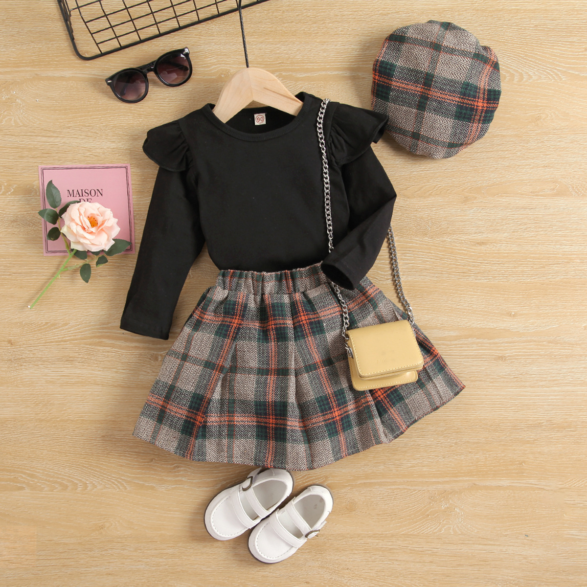 Vestito autunnale da bambina con cappuccio, gonna corta a pieghe a quadri, con cappello, set da 3 pezzi_voghion.com