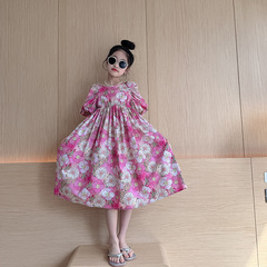 QZ8110夏季韓版新款童裝女童女大童連衣裙親子裝菊花短袖全棉長裙