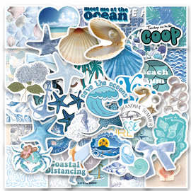 跨境60款蓝色海滩创意贴纸行李箱笔记本不重复手帐贴DIY手机装饰