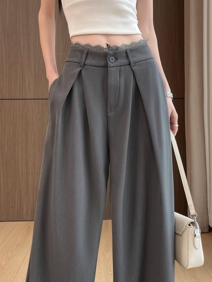 High-grade Grey Suit Pants Women's Summer Lace-edge Stitching High-waist Slim-fit Loose Dape Wide-leg Pants