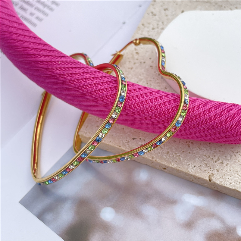 Exaggerated Heart Shape Titanium Steel Plating Rhinestones Hoop Earrings 1 Pair