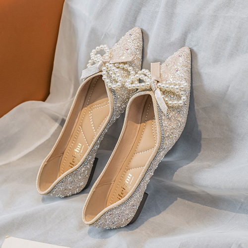  New Pointed-Toe Ankle Boots for Women Spring/Autumn Style, Light Water Diamond Flat Slides, Sweet Large Size Ship Shoes 41-43