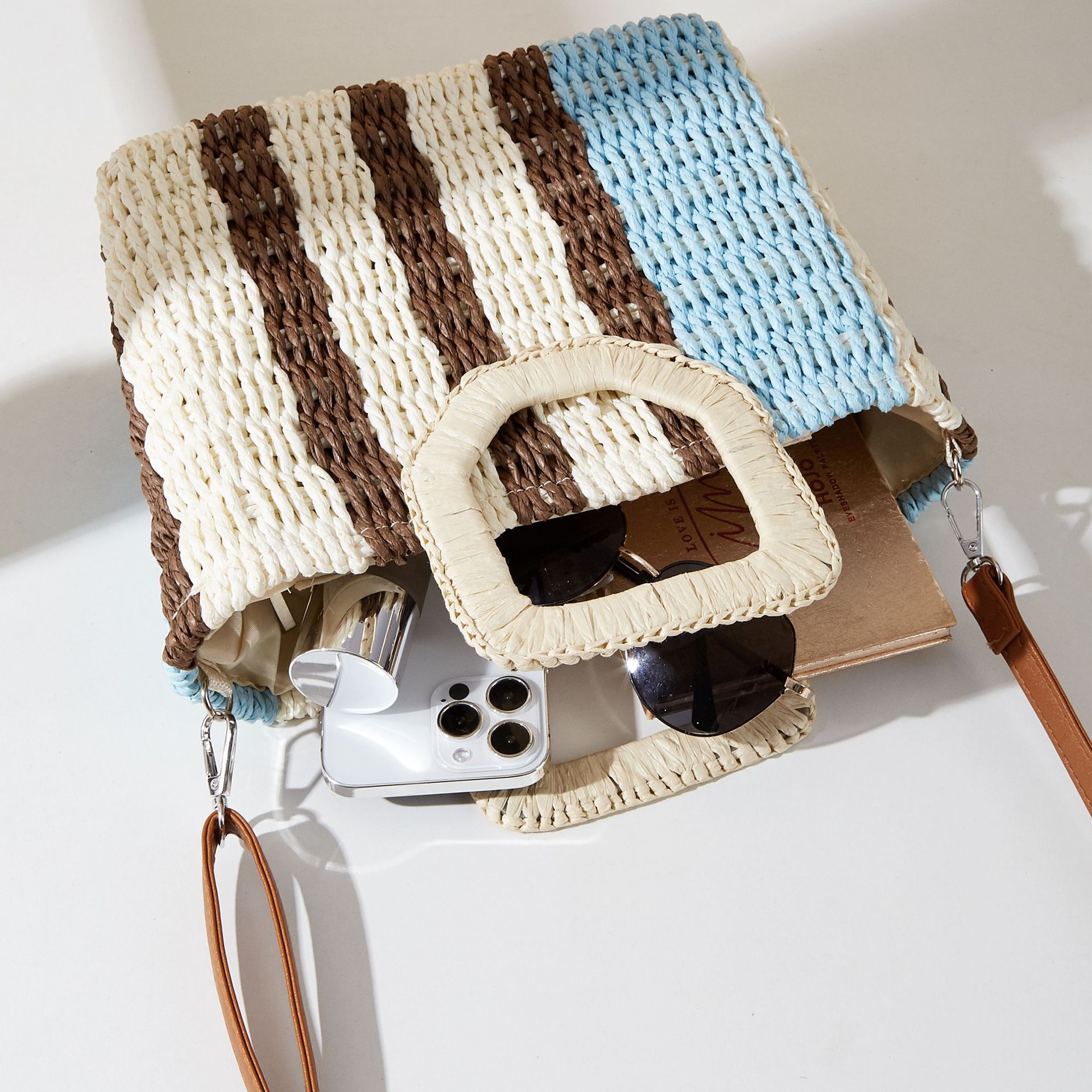 Vacation, Beach Style Square Shape Women's Paper Color Block Stripe Vacation Beach Weave Square Zipper Straw Bag