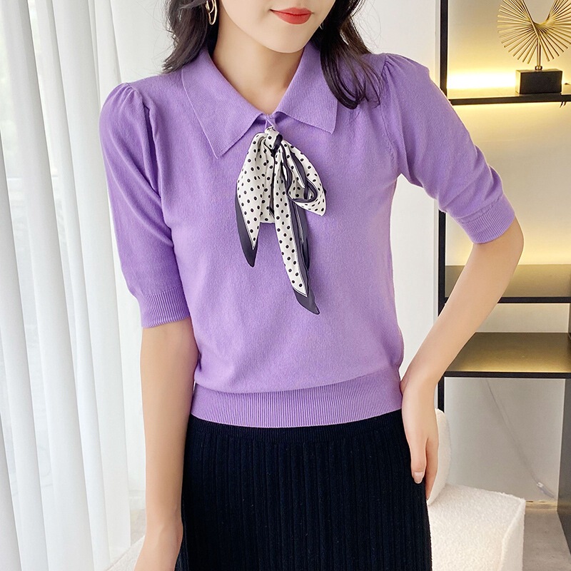 Lace-up sleeve bow 2023T summer top five-point color matching T-shirt collar half sleeve knitted New Ice Silk women's loose v