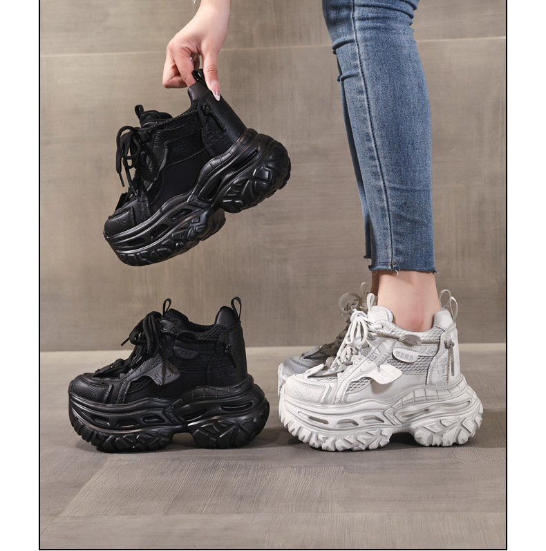 Giày sneaker nữ đế dày tăng chiều cao 12cm mặt lưới thoáng khí — Tro thô chi tiết 17