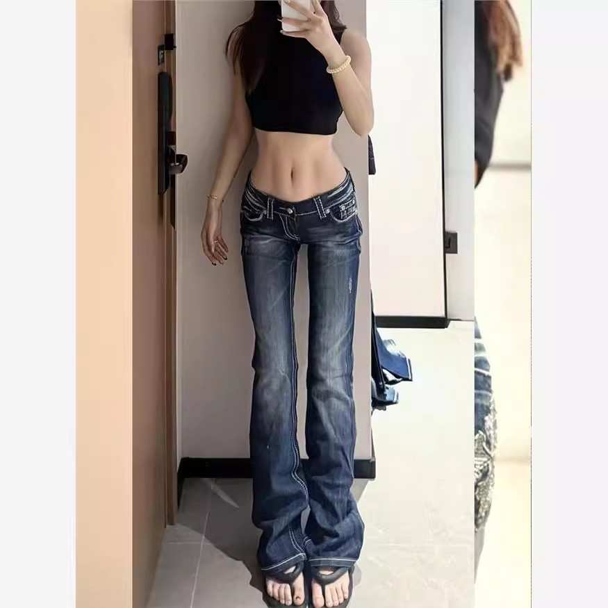 ​​Vintage Y2k Low-Rise Flared Jeans With Rhinestone Embroidery - Stretch Denim Wide-Leg Pants For Women​​_voghion.com