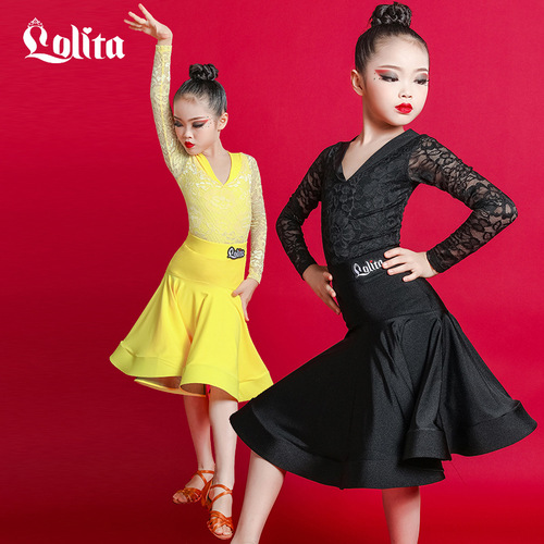 Girls children yellow black lace latin dance dresses stage performance latin ballroom dance costumes for kids