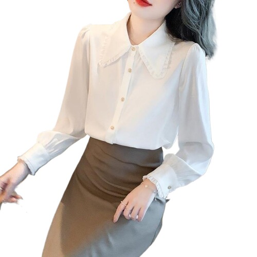 Autumn and winter new chiffon thickened fleece-lined shirt for women—French-style doll-collar design, unique and versatile top for ladies.
