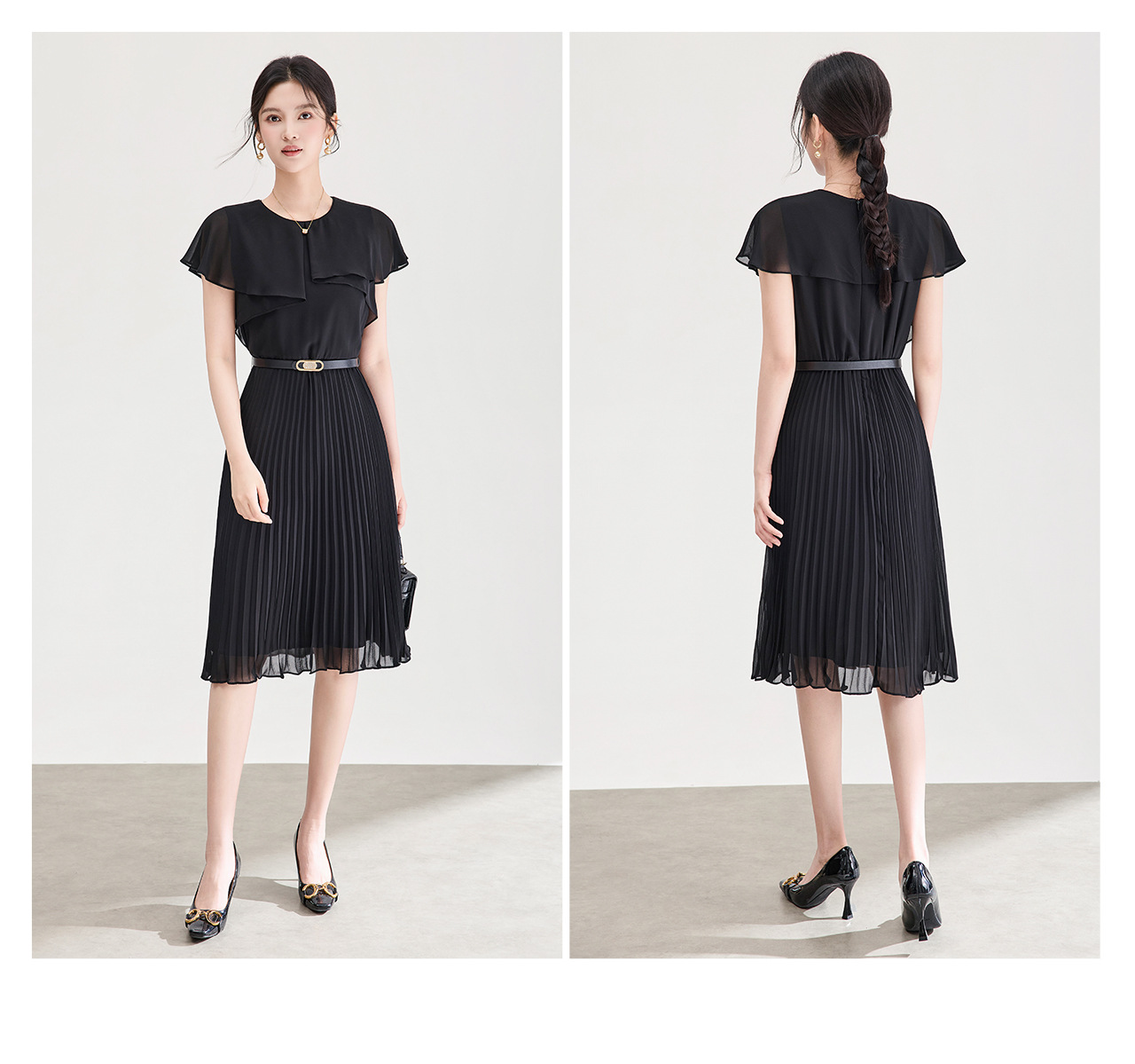 Đầm maxi nữ thắt eo chất liệu chiffon phối lá sen xếp ly — màu đen chi tiết 20