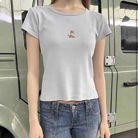 BM风蓝色小鹿刺绣圆领短袖T恤女 bm辣妹高腰显瘦短款纯欲露脐上衣