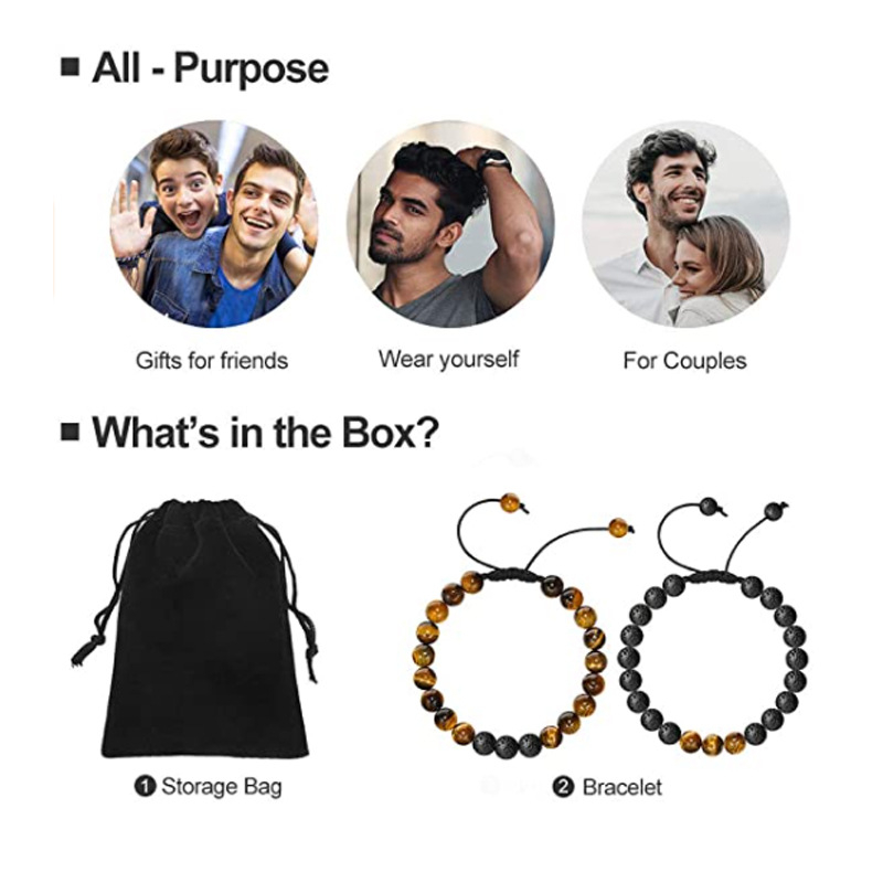 2 pièces œil de tigre cadeau pour hommes 8mm pierre de lave Agate noire Bracelet tissé bijoux faits à la main_voghion.com