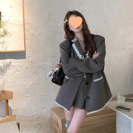 复古蝴蝶结拼接西装外套女小众气质新款大衣松弛感穿搭西服潮8403