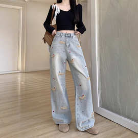 浅蓝色腊肠小狗刺绣牛仔裤女大码胖mm直筒宽松显瘦阔腿拖地长裤子