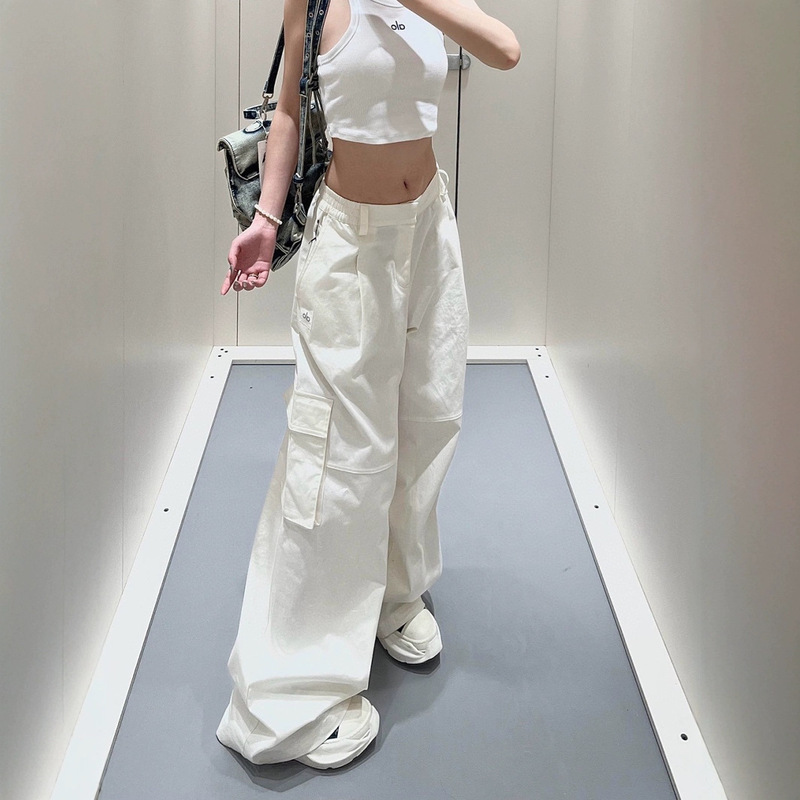 Alo工装裤反光字母直筒宽松阔腿裤美式高腰休闲显瘦拖地长裤女|undefined