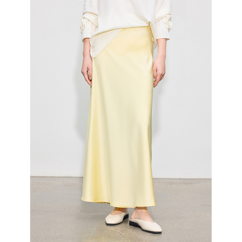 [Zhihe Tang] Temperament Acetic Acid Satin Dipped Skirt Women's Solid Color High Waist Hip Fishtail Skirt A- line Long Skirt