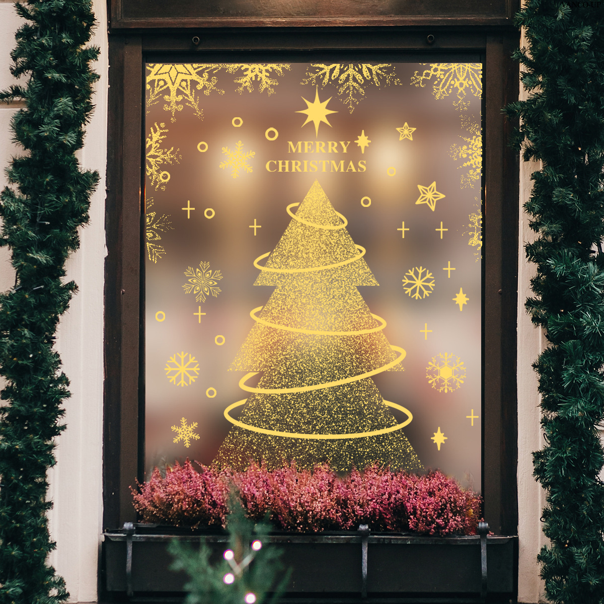 Christmas Window Wall Stickers With Golden Tree And Snowflakes_voghion.com