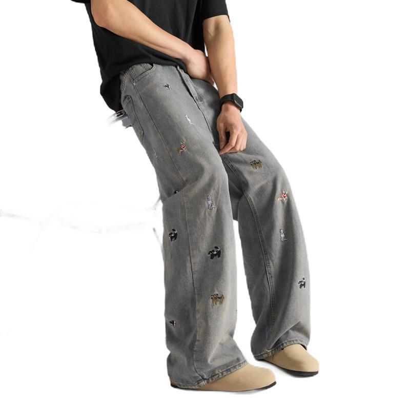 Diversión americana cachorro bordado jeans hombre verano 2026 nuevo pantalones de piernas largas de cintura alta recta