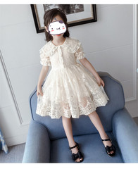 女童短袖薄款透氣網紗蕾絲裙2023夏裝新款女孩洋氣純色公主連衣裙