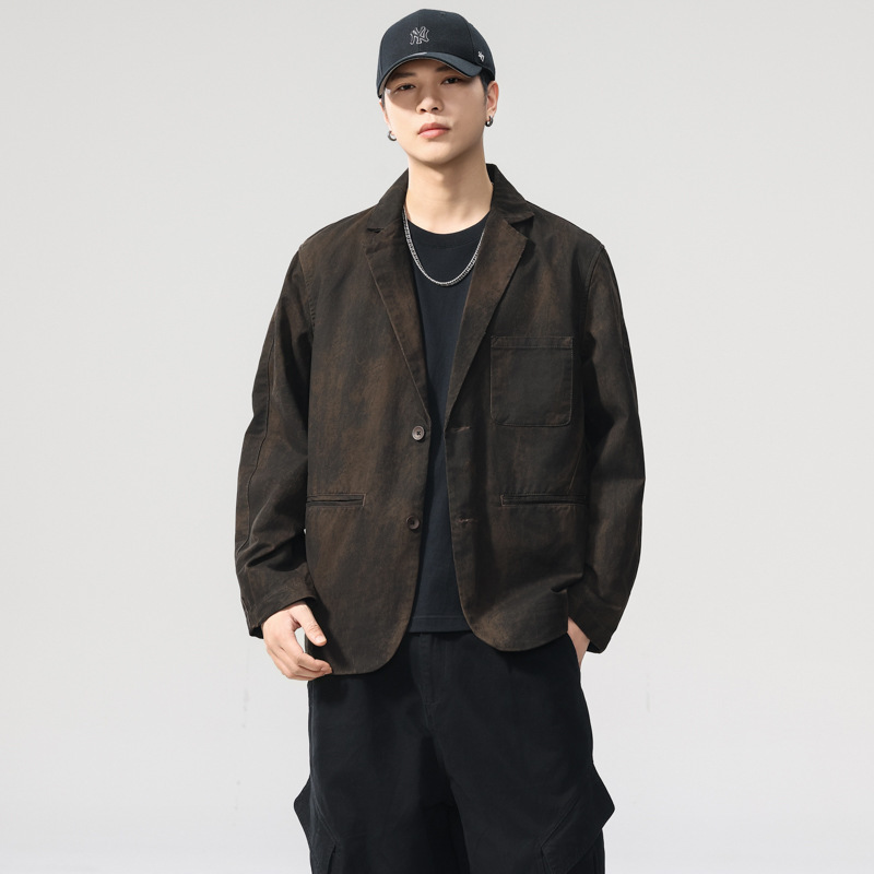 American Retro Mottled Distressed Blazer for Men, New Loose Work Jacket for Spring and Autumn, Men's Autumn Suit