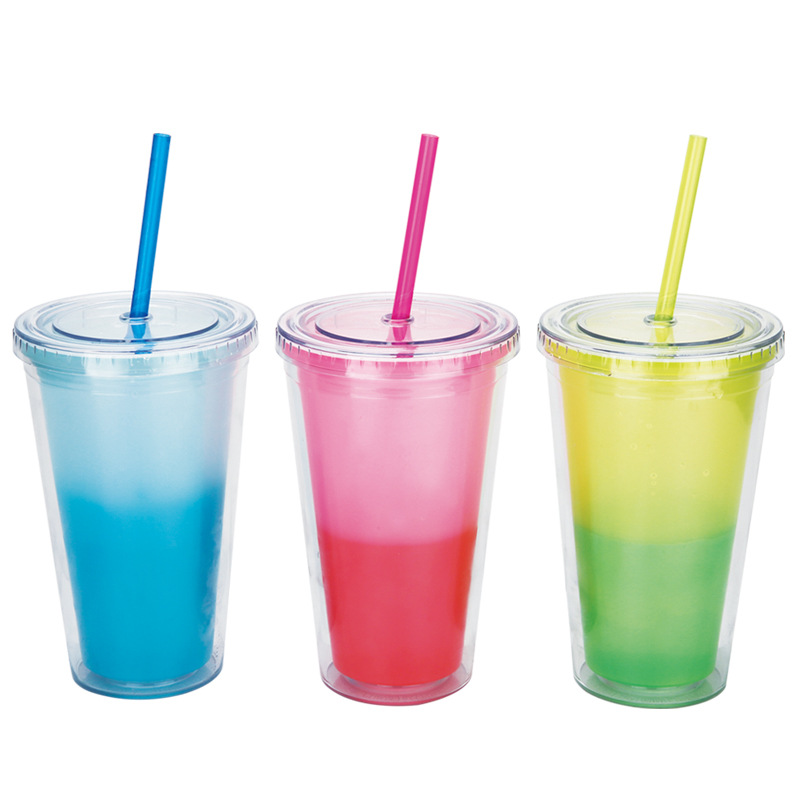 Taza de agua de paja de plástico de doble capa de color degradado transfronterizo AS/PS480/600ml con taza de regalo de café