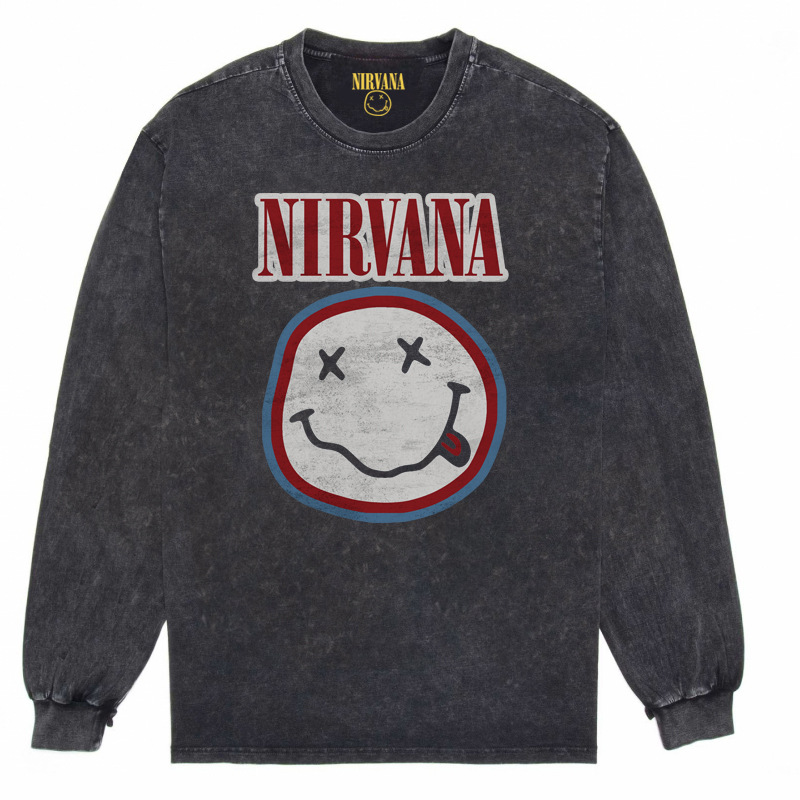 Nirvana Vintage American retro apenado rock punk angustiado lavado batik Camiseta de manga larga