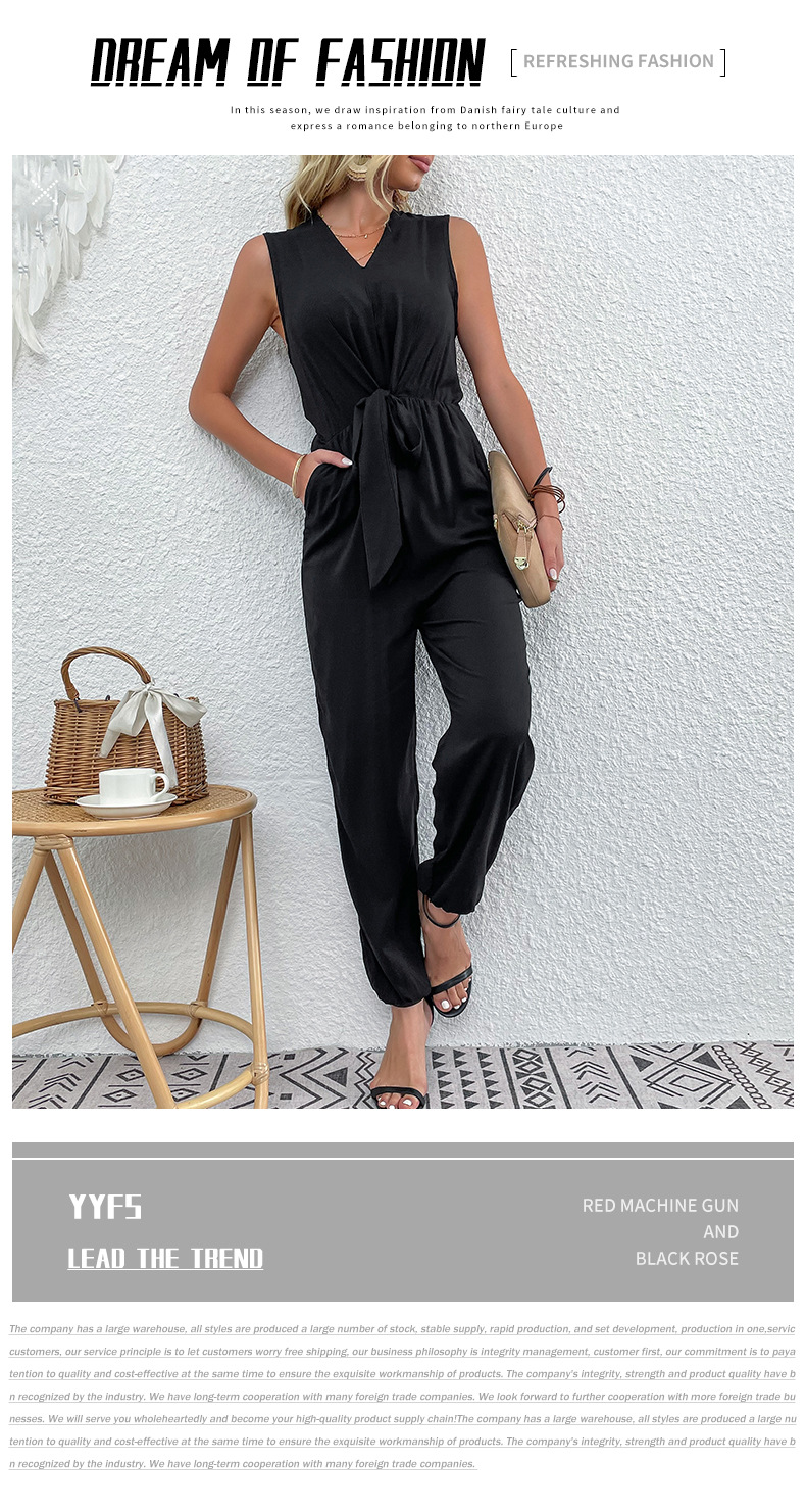 Solid Color V-neck Sexy Cross-Strap Jumpsuit_voghion.com