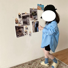 Children's Spring and Autumn Long-Sleeve Blouse for Girls, Korean Style Thin Version Cute Drawstring Blue Shirt for Girls, Fashion Children's Clothing 0089