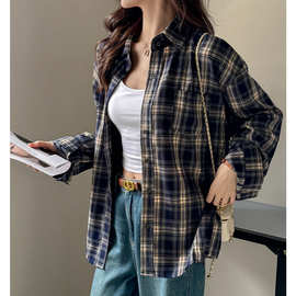 夏季新款女装长袖上衣女装格子衬衫外套高级oversize流行防晒衣服