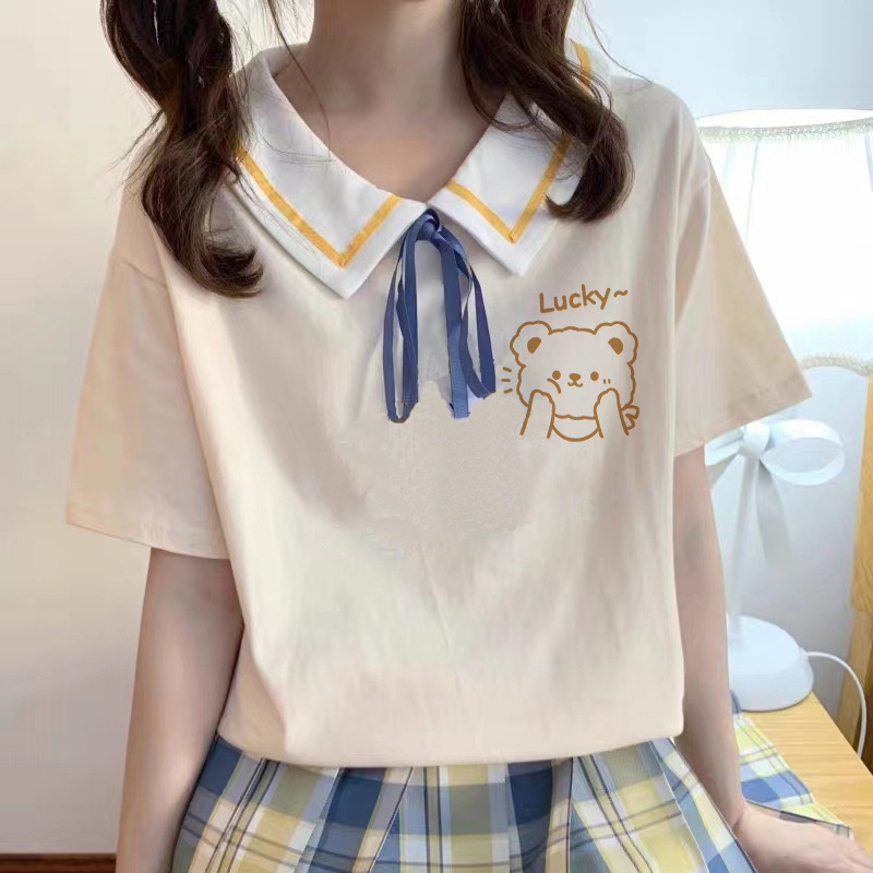 Lapel lace-up girl's short-sleeved T-shirt Summer 2024 New cute navy collar junior high school student sweet top