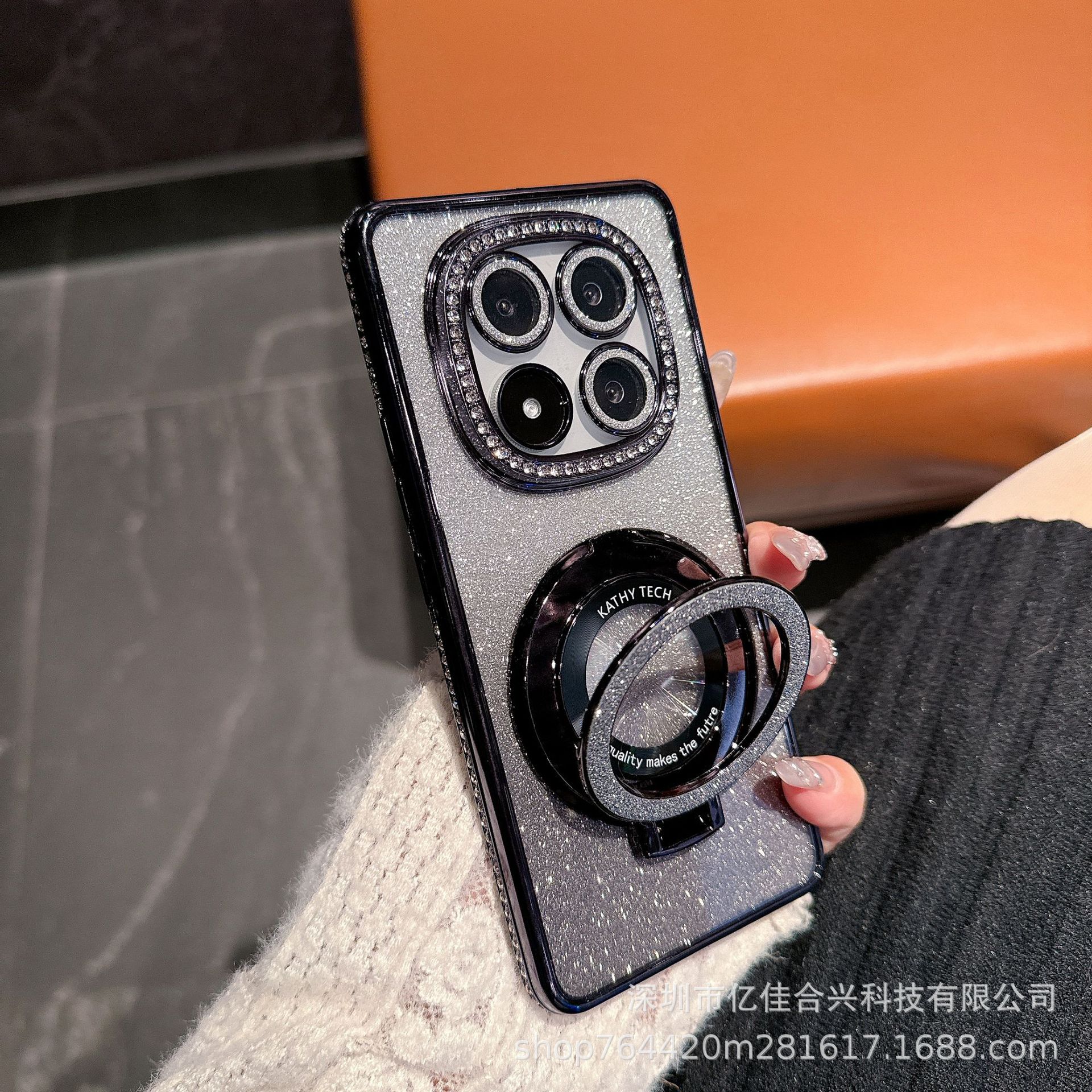 Aplicable Redmi NOTE14PRO Rhinestone Retocador Espejo Estuche para teléfono Xiaomi 14T todo incluido Soporte magnético de brillo