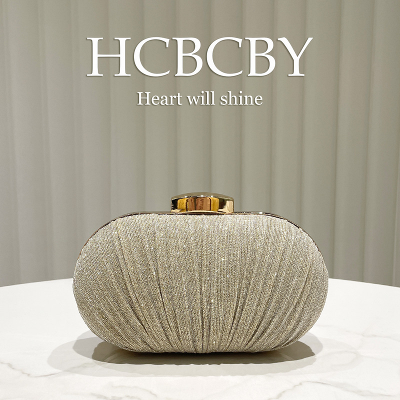 Champagne-Colored Glitter Pleated Small Clutch Evening Bag for Women, Fashionable and Elegant Handbag, Evening Bag, Bridal Bag
