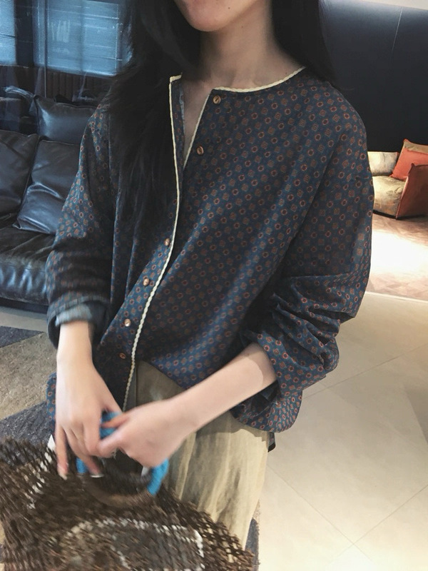 南油高端松驰感高支薄棉圆领边V领直筒式印花衬衫白边设计显瘦款|undefined