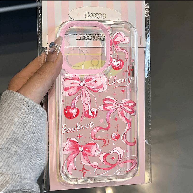 Hanfeng Cherry Bow for Apple 16promax Phone Case 13 14 New Niche 15pro Fine Hole